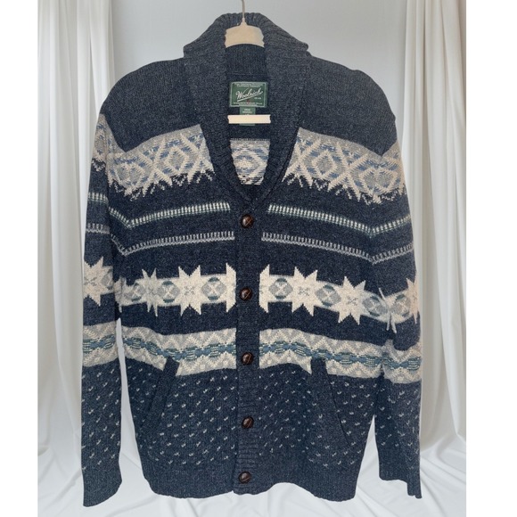 Woolrich Mens Shawl Collar Cardigan Sweater L Large Nordic Fair Isle Wool Blend - Picture 1 of 9